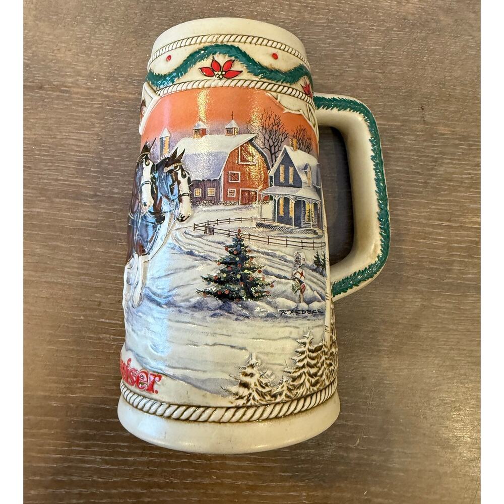 1996 Budweiser Holiday Beer Stein American Homestead Ceramic Mug Cup